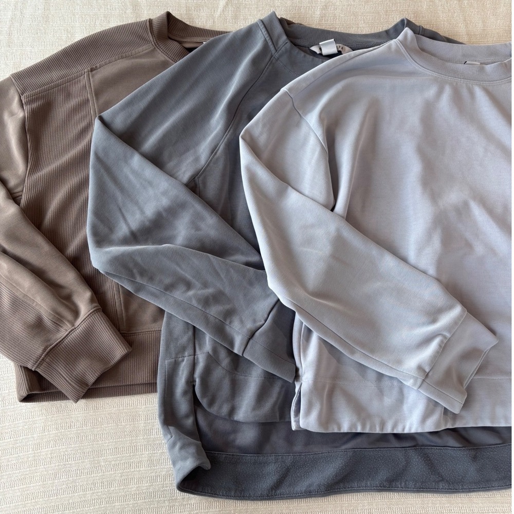 Athleta Sweatshirt Trio in Taupe, Slate Gray, and Light Gray